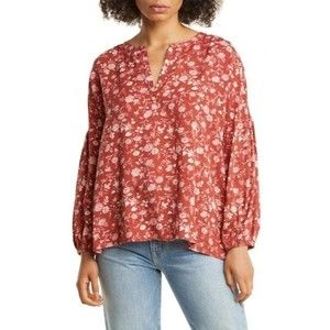 Caslon Womens Shirred Popover Top In Rust- Coral Bell Floral Size XS NWOT